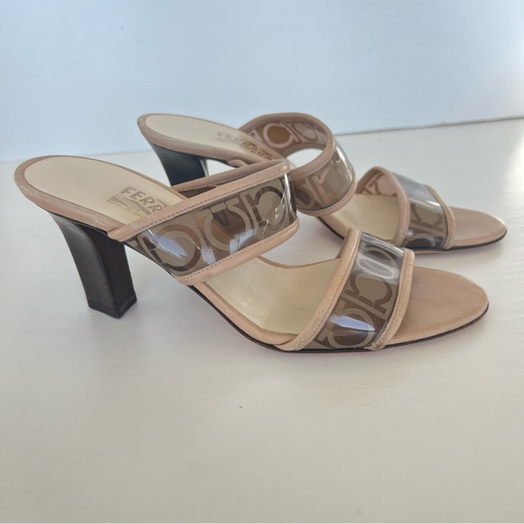 SALVATORE FERRAGAMO Brown Beige Clear Straps Slides Slip On Heels Sandals Sz 7 - Picture 2 of 16